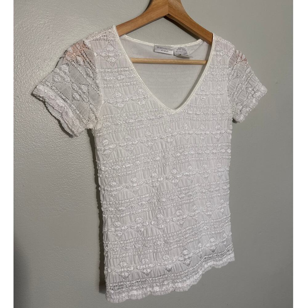 Vintage Y2K Women's XS Worthington Stretch 90s Lace Top Crochet Short Sleeve Tee